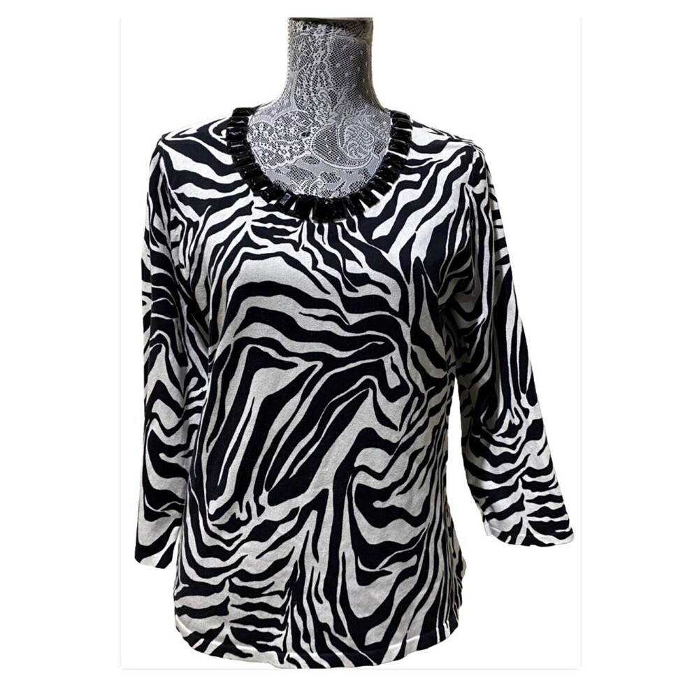 Jones New York Women's Shirt Sweater Beaded Collar Zebra Print Shirt 3/4 Sleeve